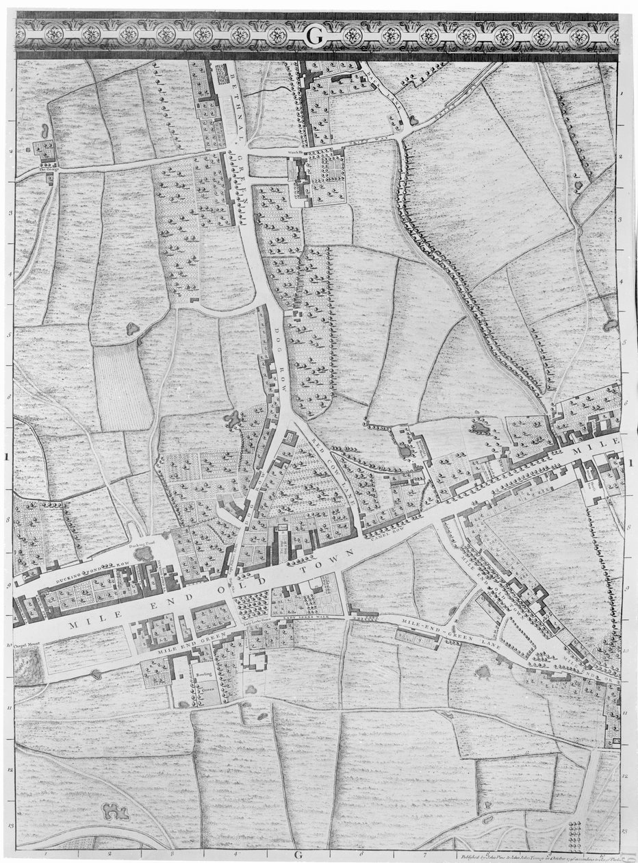 Een kaart van Mile End, Londen, 1746 door John Rocque