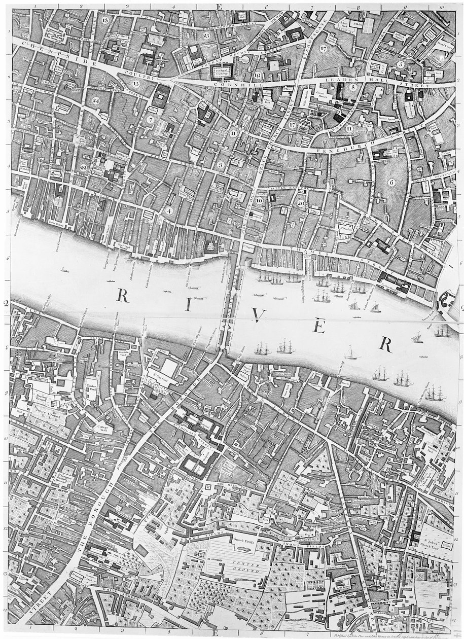 Een kaart van Old London Bridge, Londen, 1746 door John Rocque