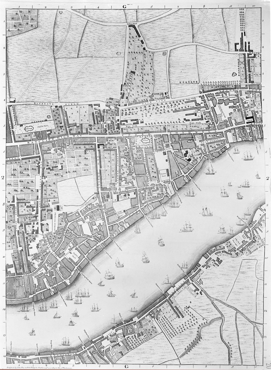 Een kaart van Wapping, Londen, 1746 door John Rocque