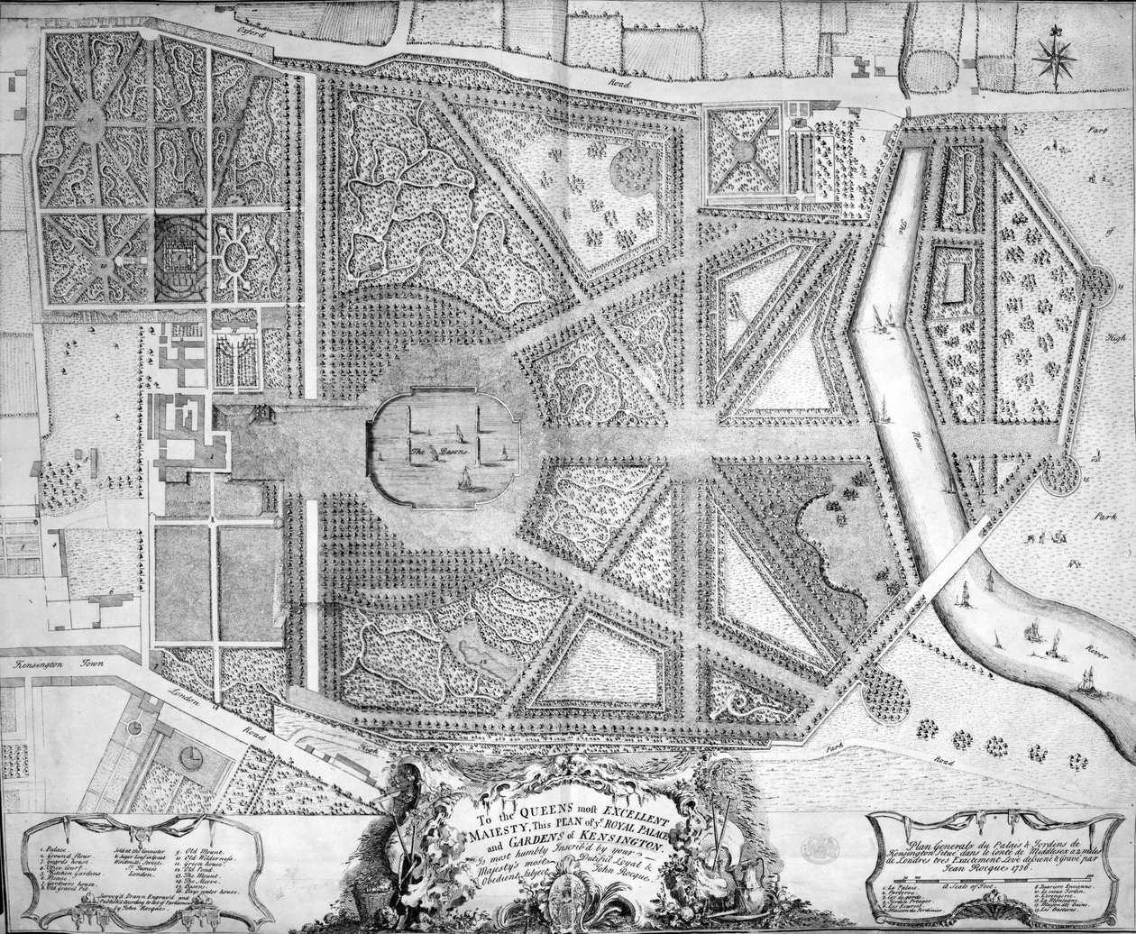 Een kaart van het Koninklijk Paleis en de tuinen van Kensington, Londen, 1736 door John Rocque