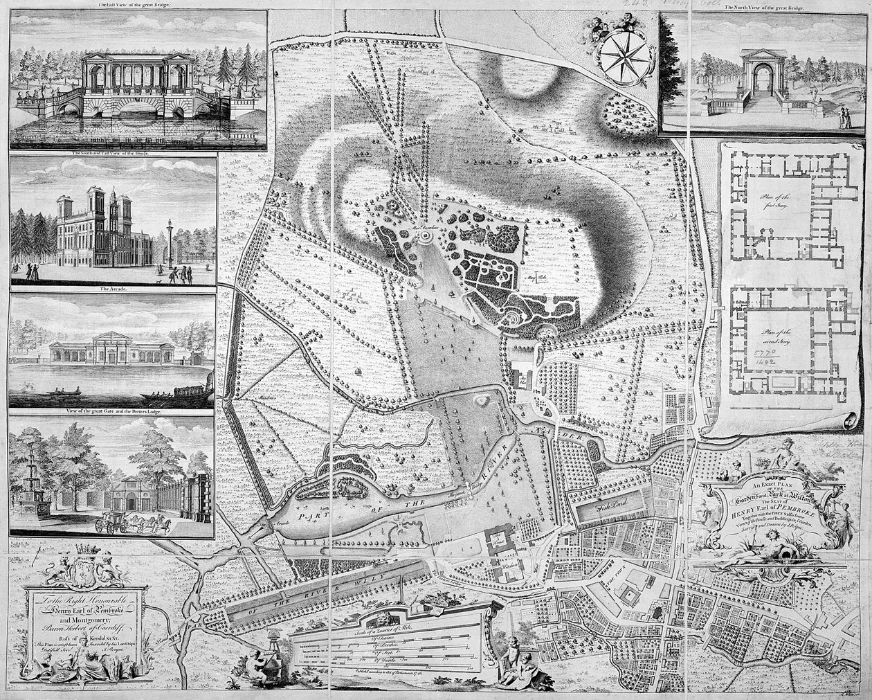 Een exact plan van de tuinen en het park bij Wilton, het landgoed van de Graaf van Pembroke, 1746 door John Rocque