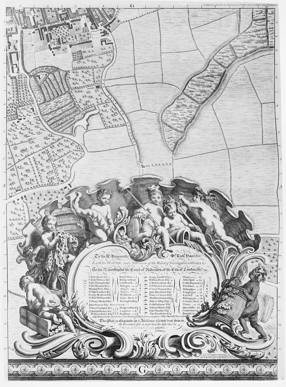 Inscriptie van Rocque's kaart van Londen, met een lijst van de ...