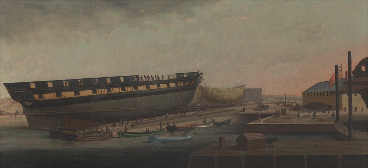 Het Ophijsen van Zijne Majesteits Fregat Diana in Blackburns Werf, nabij Plymouth door John Rogers