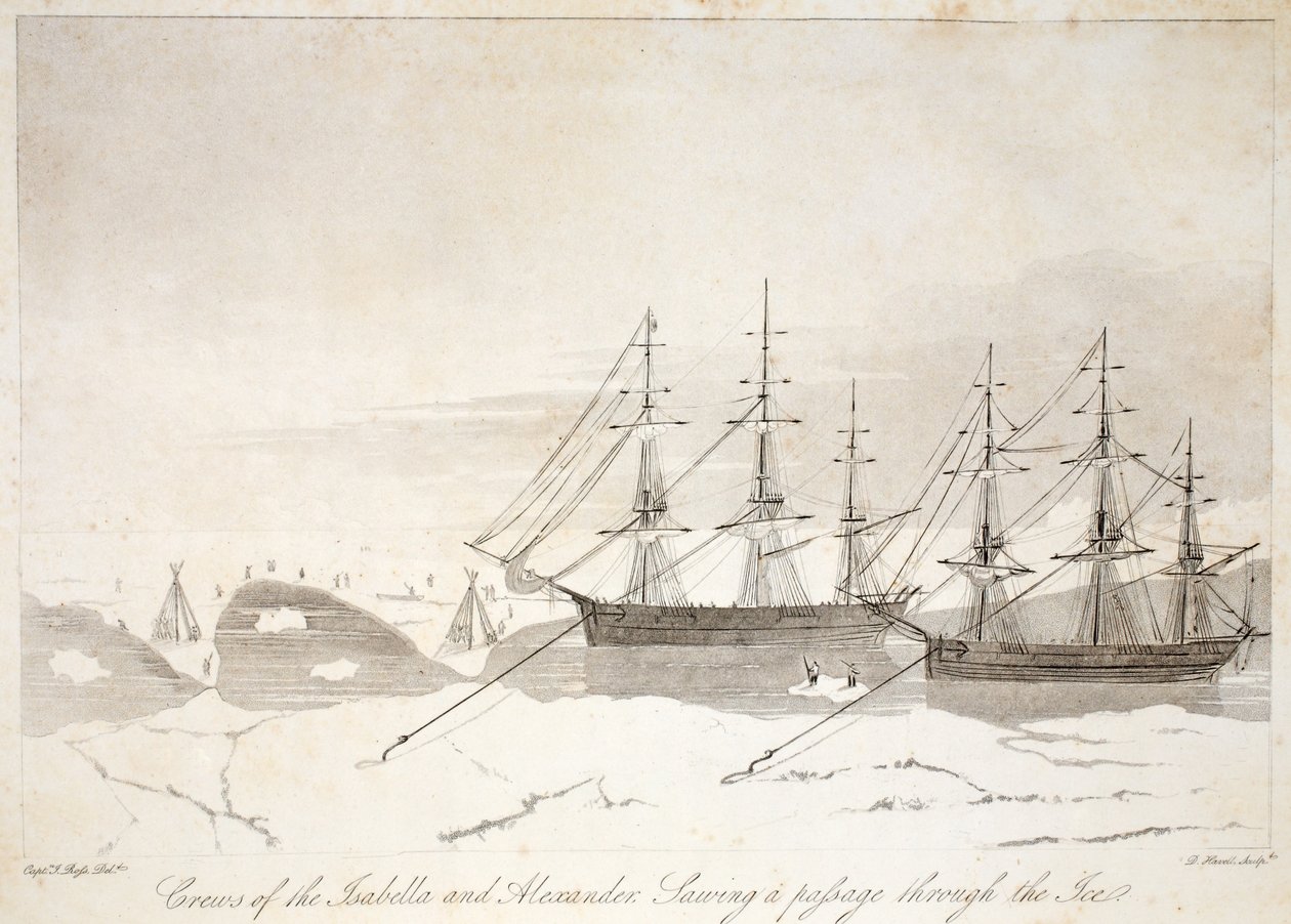Bemanningen van de Isabella en Alexander zagen een doorgang door het ijs, illustratie uit 