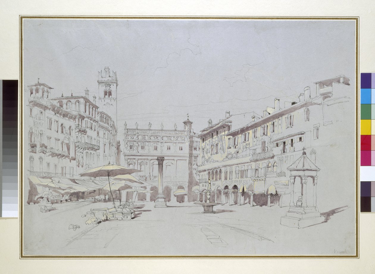 Studie voor detail van de Piazza delle Erbe, Verona (detail) door John Ruskin