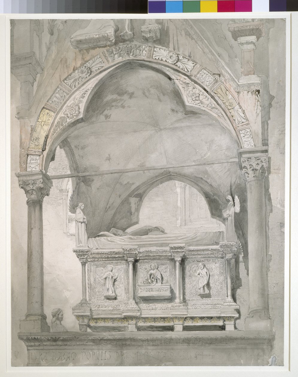 Studie voor detail van de sarcofaag en het baldakijn van het graf van Mastino II della Scala in Verona (detail) door John Ruskin
