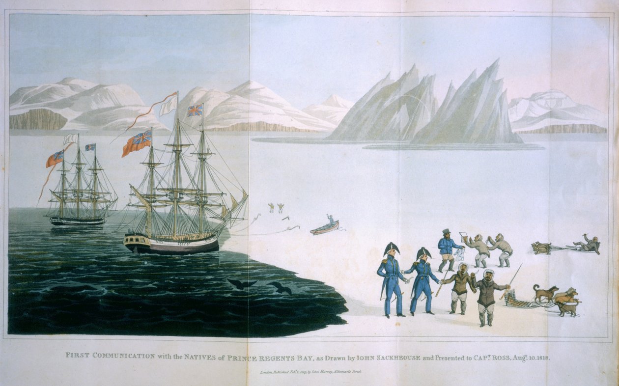 Eerste communicatie met de inboorlingen van Prince Regents Bay, 10 augustus 1818, gepubliceerd door John Murray, Londen, 1819 door John Sackhouse