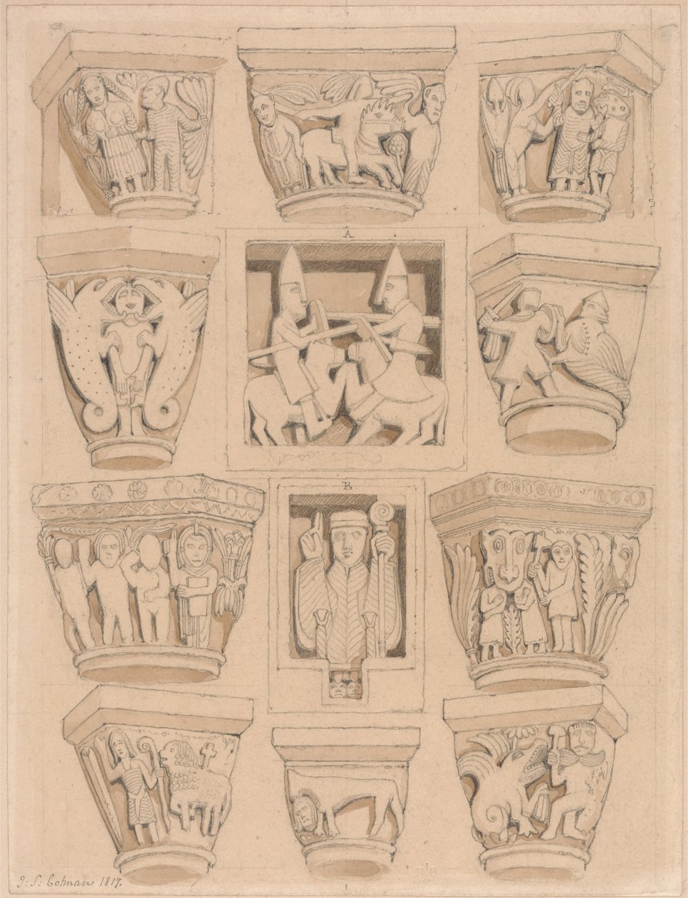 Kapitalen en A en B bas-reliëfs in de abdijkerk van Saint Georges de Bocherville, bij Rouen, Normandië door John Sell Cotman