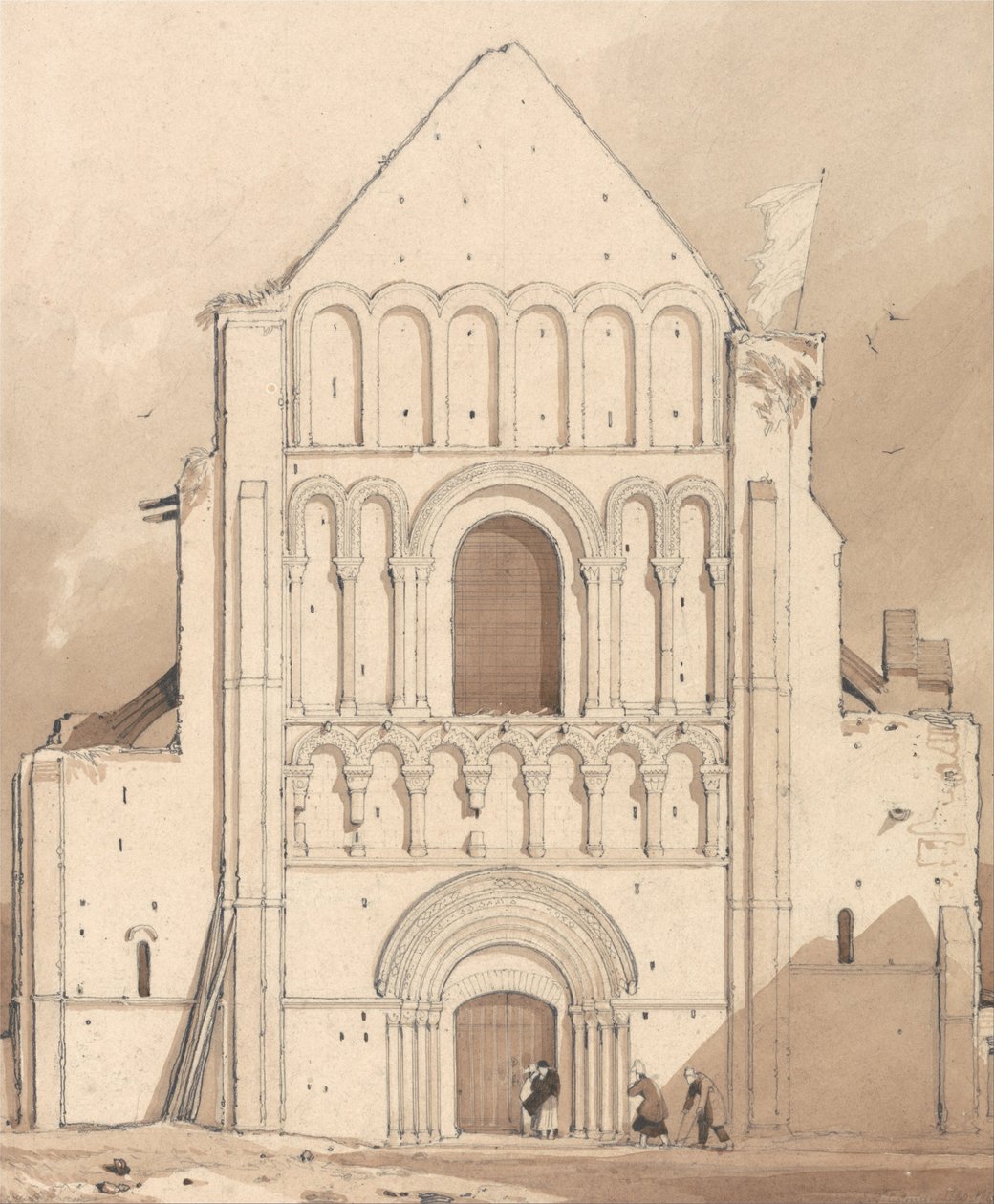 Westgevel van de Kerk van Oyestraham (Ouistreham), nabij Caen, Normandië door John Sell Cotman