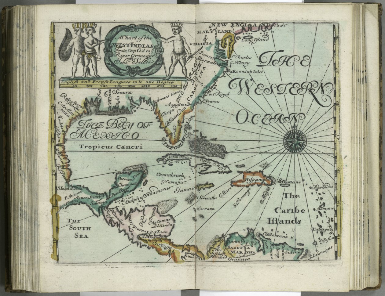 Een kaart van de West-Indië van Cape Cod tot River Oronoque uit Atlas maritimus door John Seller, 1682 door John Seller