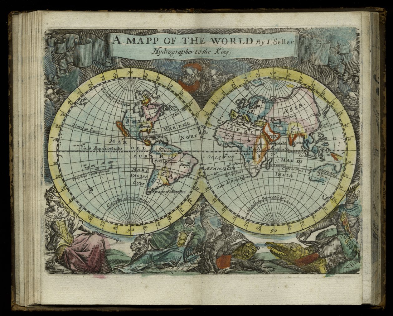 Een kaart van de wereld uit Atlas maritimus door John Seller door John Seller