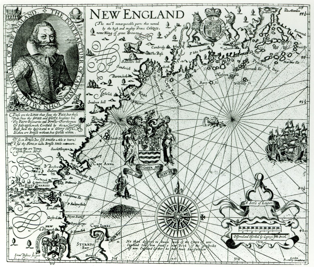 Kaart van de kustlijn van New England in 1614, gegraveerd door Simon de Passe, 1616 door John Smith 2