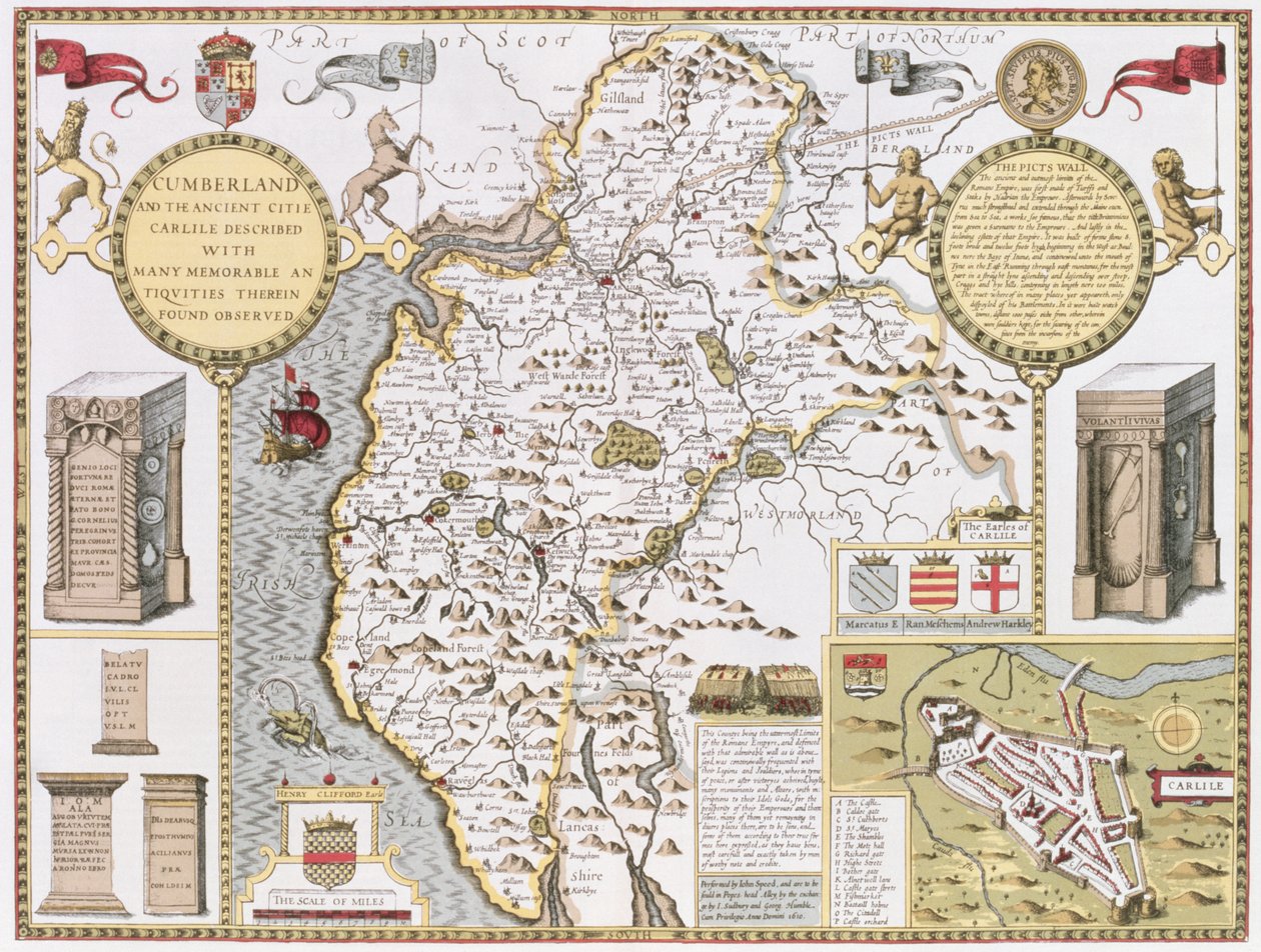 Cumberland en de oude stad Carlile, gegraveerd door Jodocus Hondius (1563-1612) uit John Speed