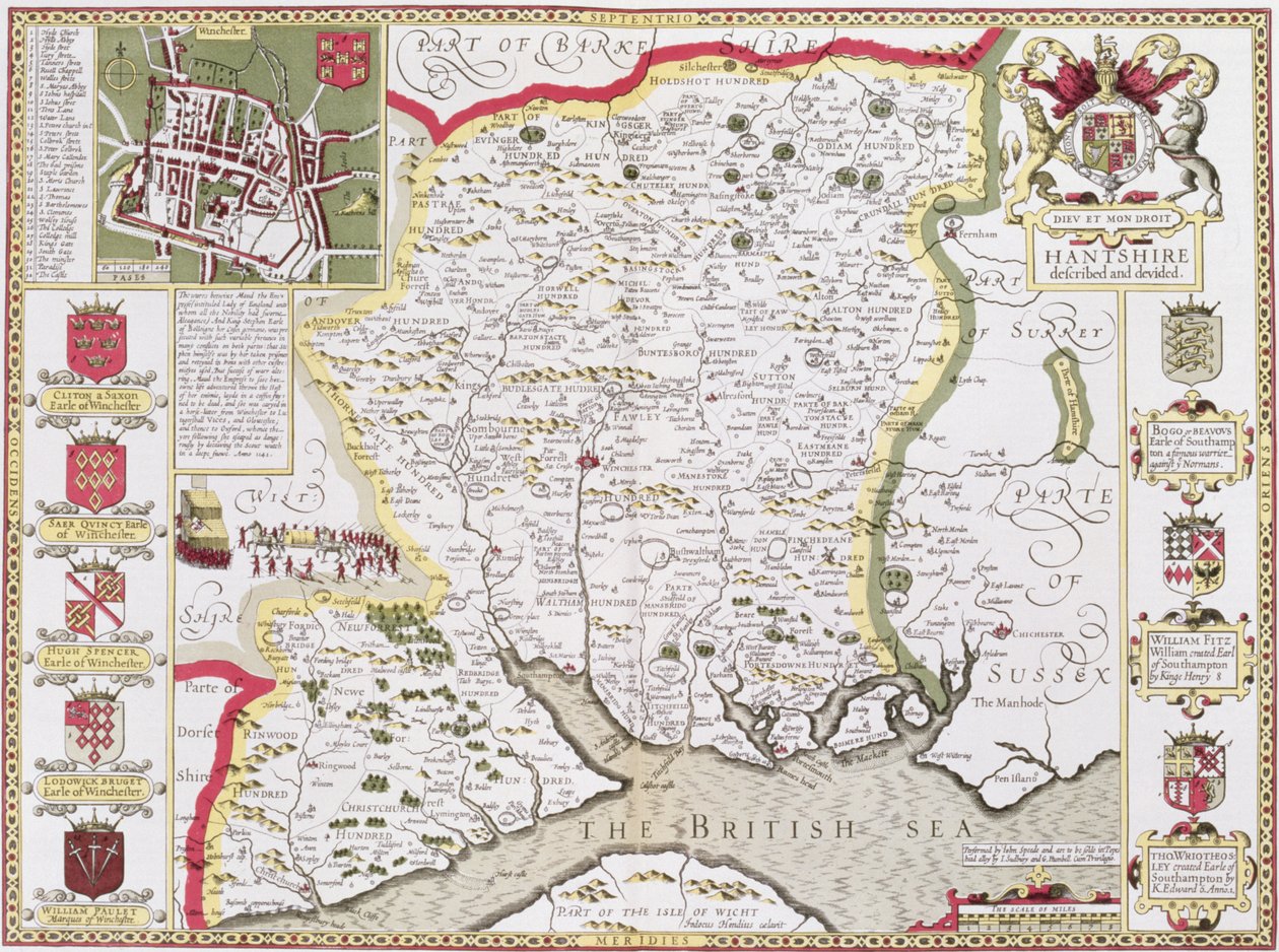 Hantshire, gegraveerd door Jodocus Hondius (1563-1612) uit John Speed