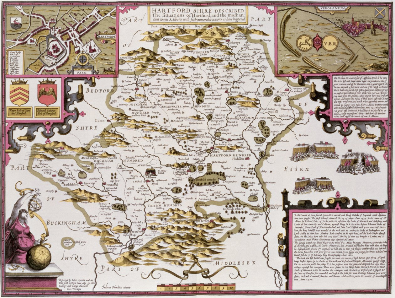 Hartfordshire en de ligging van Hartford, gegraveerd door Jodocus Hondius (1563-1612) uit John Speed