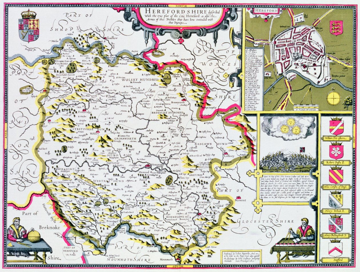 Herefordshire, gegraveerd door Jodocus Hondius (1563-1612) uit John Speed