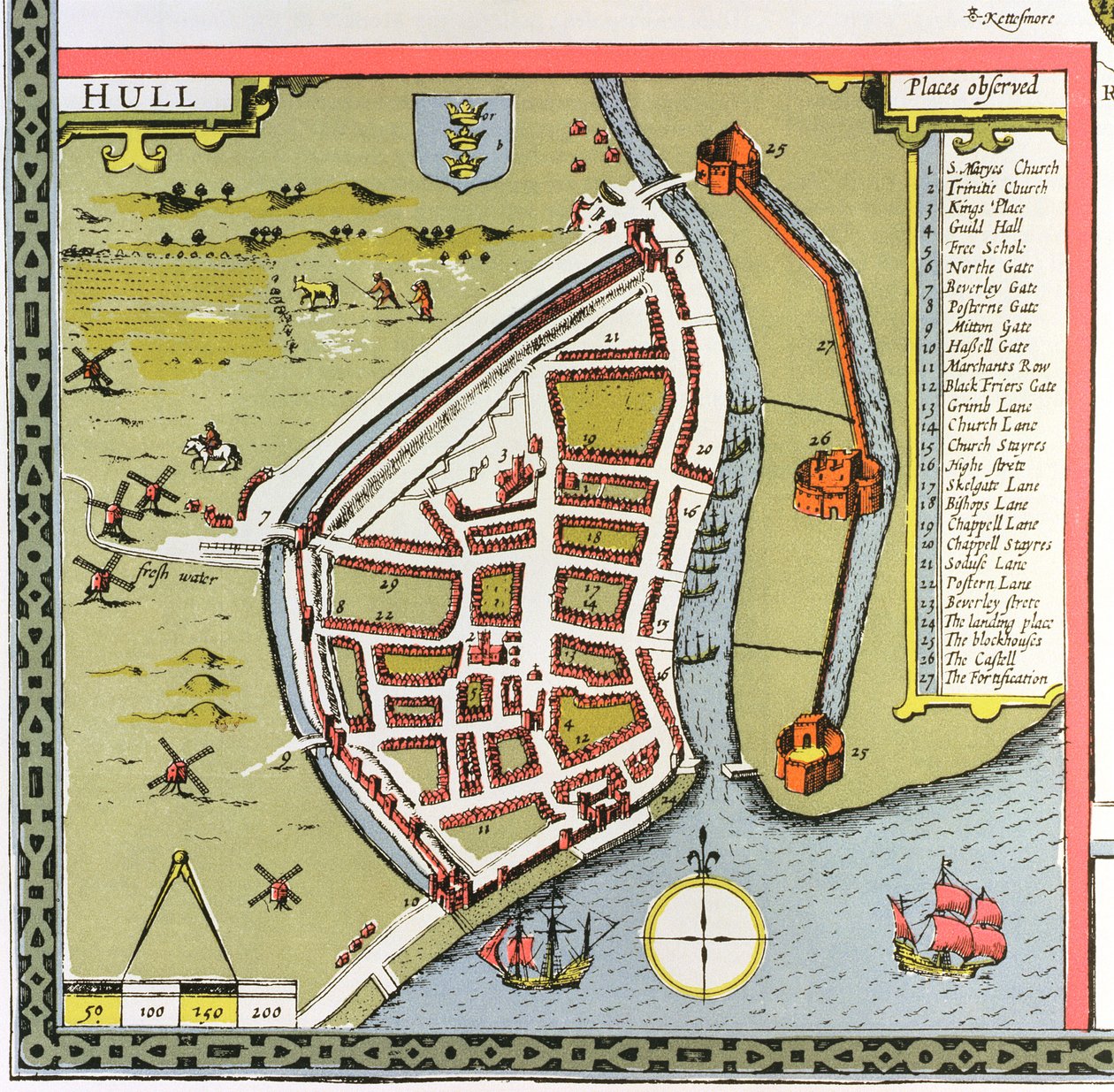 Hull, detail van de kaart van de Noord- en Oost-Ridings van Yorkshire, gegraveerd door Jodocus Hondius (1563-1612) uit John Speed