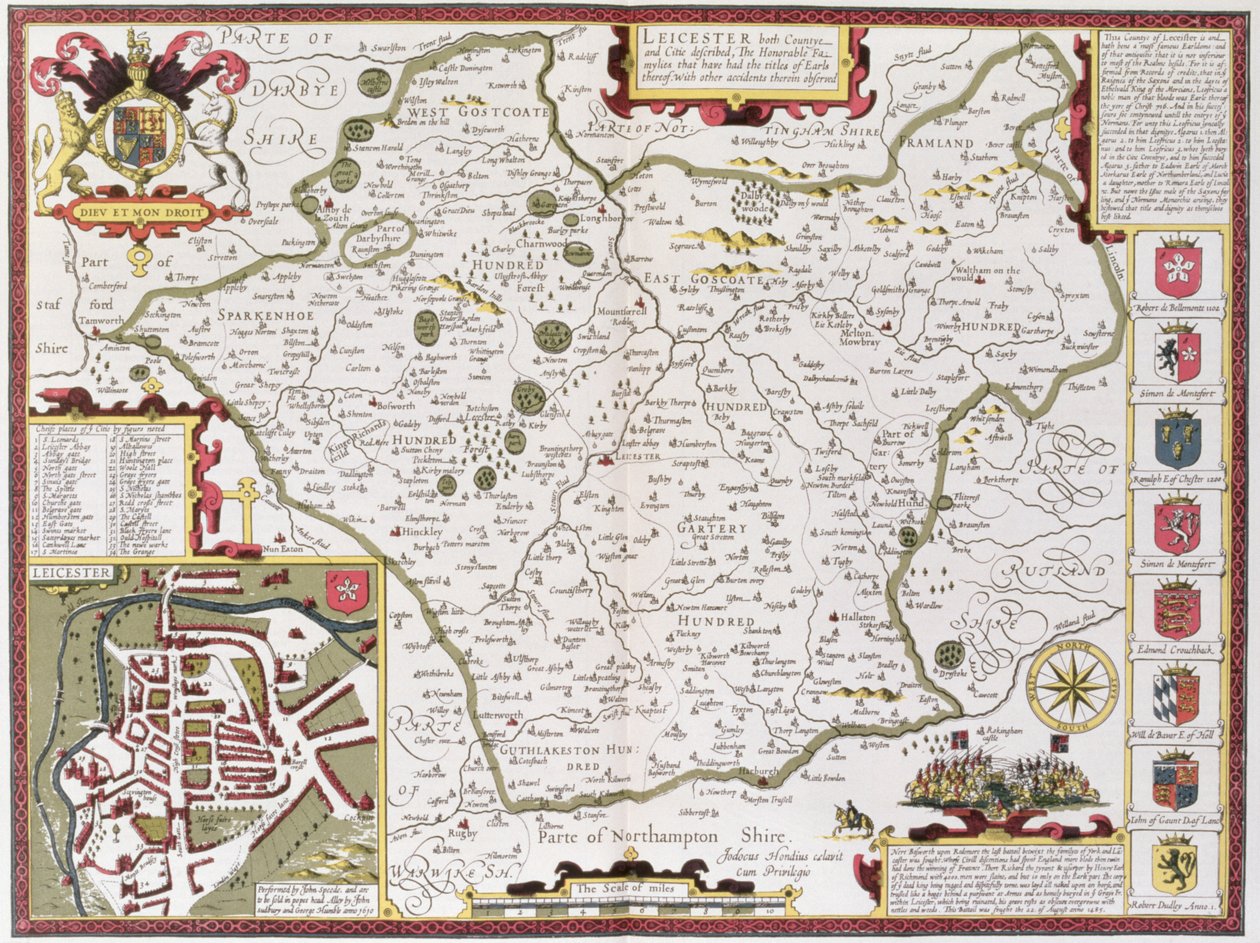 Leicester, gegraveerd door Jodocus Hondius (1563-1612) uit John Speed