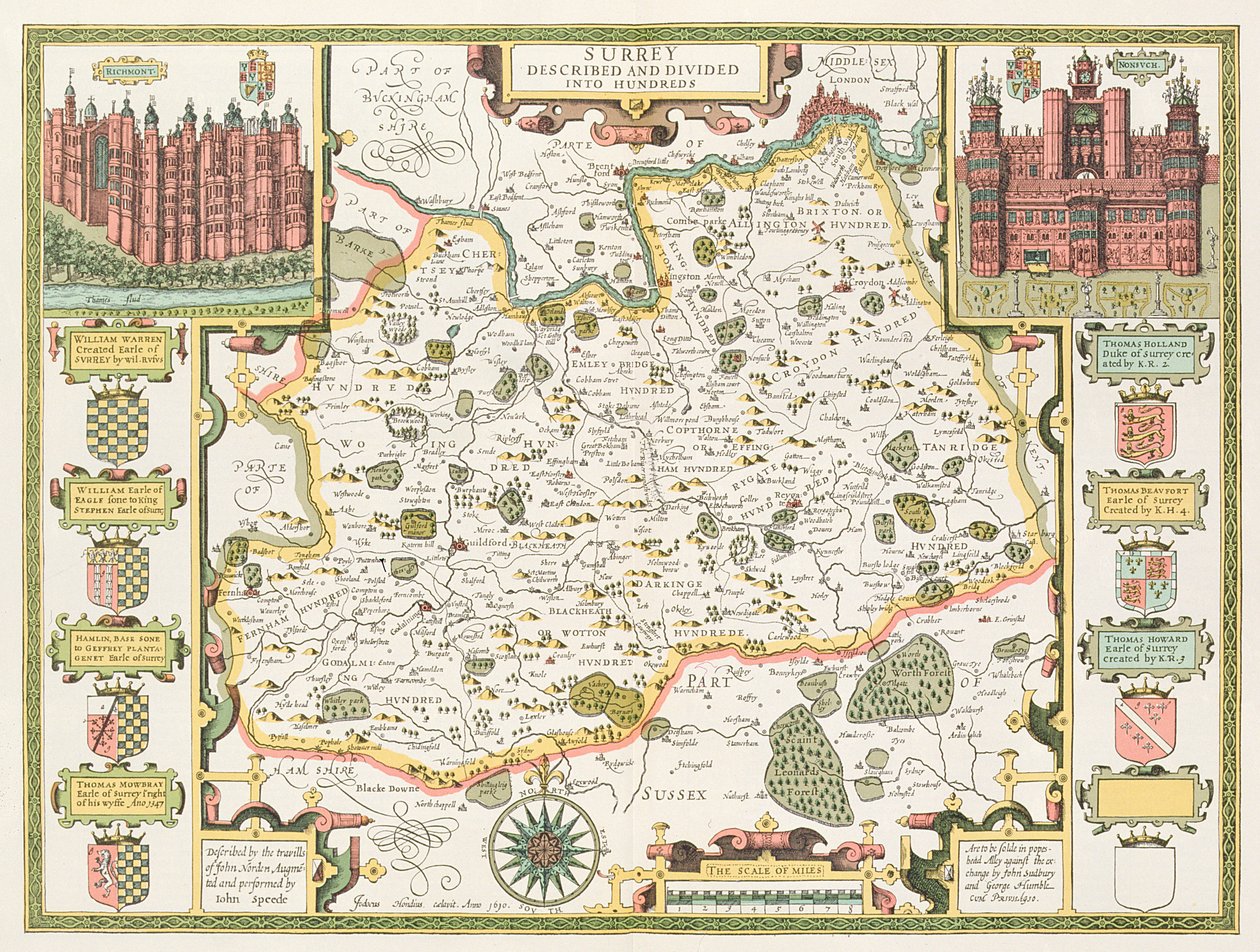 Kaart van Surrey, gegraveerd door Jodocus Hondius (1563-1612) uit John Speed