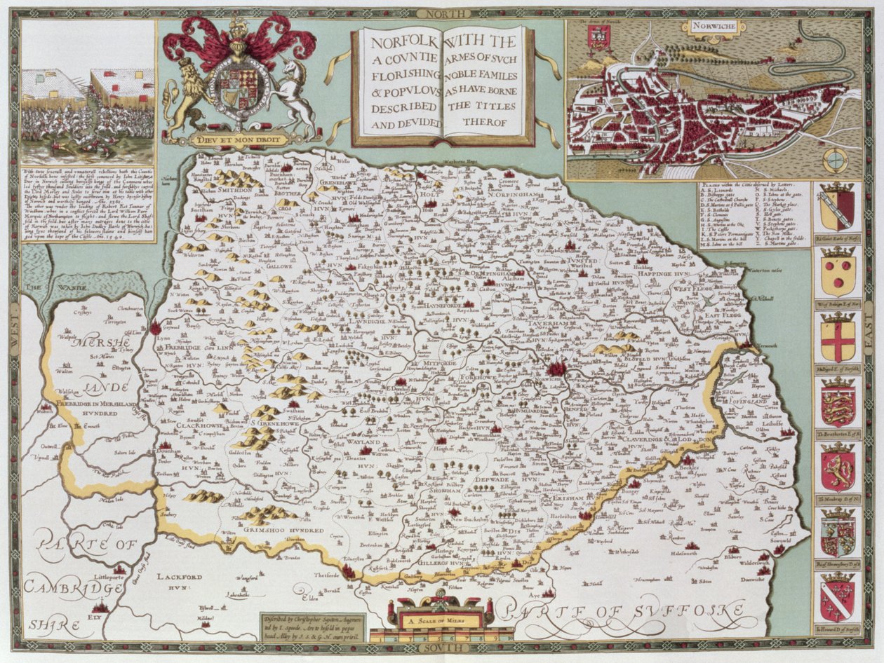 Norfolk, gegraveerd door Jodocus Hondius (1563-1612) uit John Speed