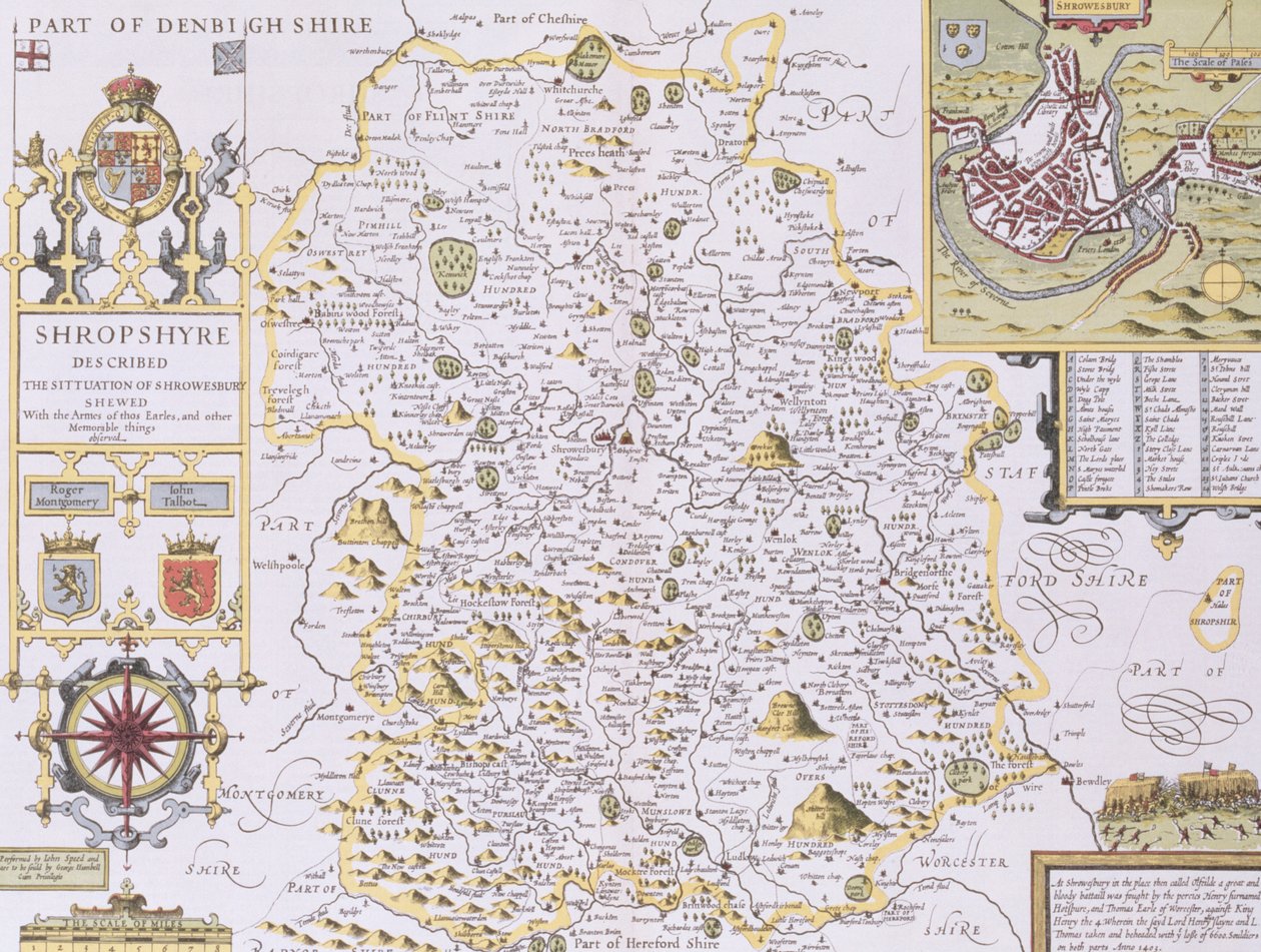 Shropshyre, gegraveerd door Jodocus Hondius uit John Speed
