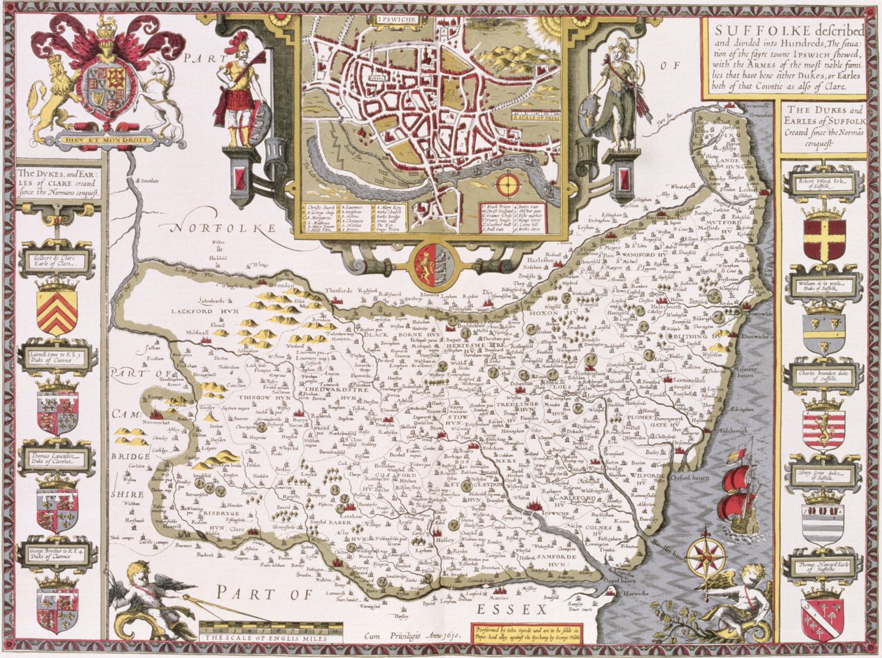 Suffolk en de ligging van Ipswich, gegraveerd door Jodocus Hondius uit John Speed
