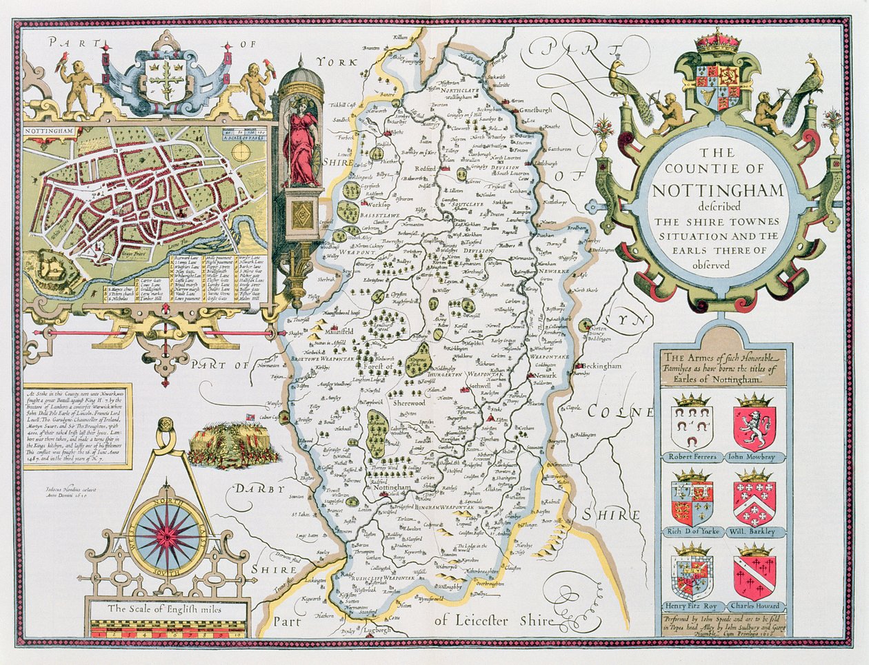 Het graafschap Nottingham, gegraveerd door Jodocus Hondius (1563-1612) uit John Speed
