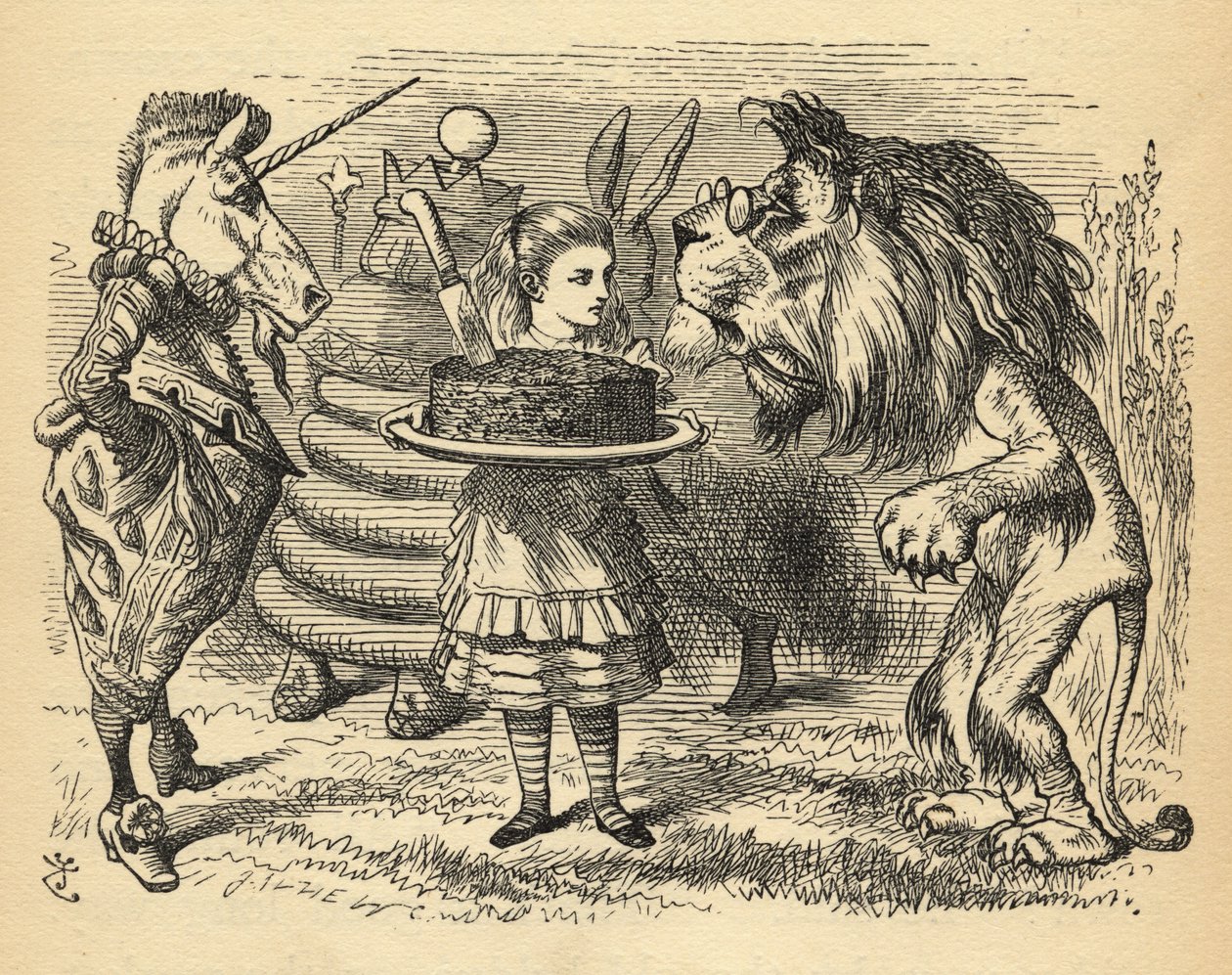 Het delen van de taart tussen de Leeuw en de Eenhoorn, illustratie uit 