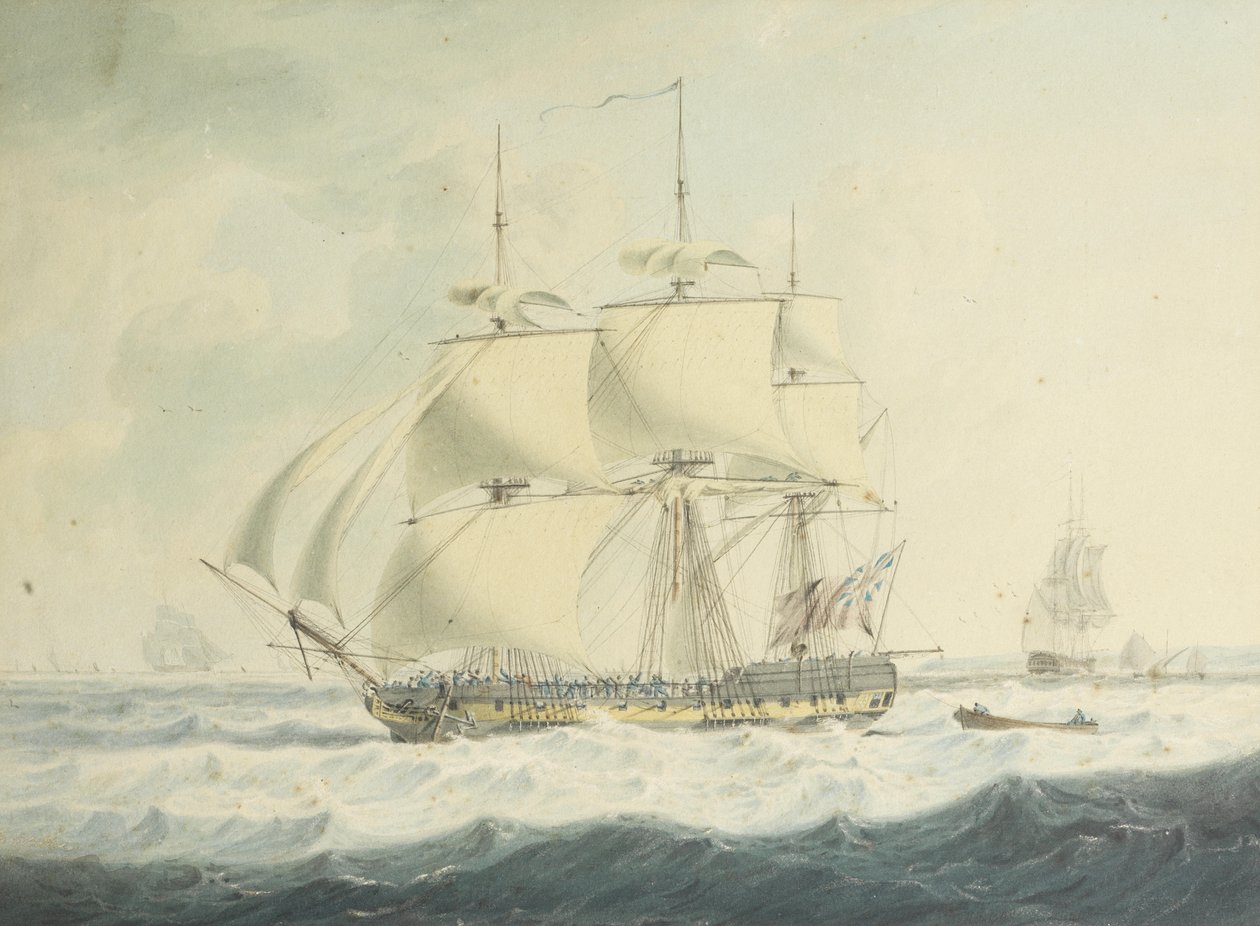 H.M.S. Thisbe vaart door het Kanaal met verminderde zeilen in ruwe omstandigheden, met andere schepen in de buurt door John Thomas Serres
