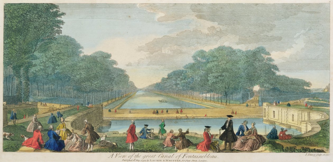 Een uitzicht op het grote kanaal van Fontainebleau, gepubliceerd 1794 door John Tinney