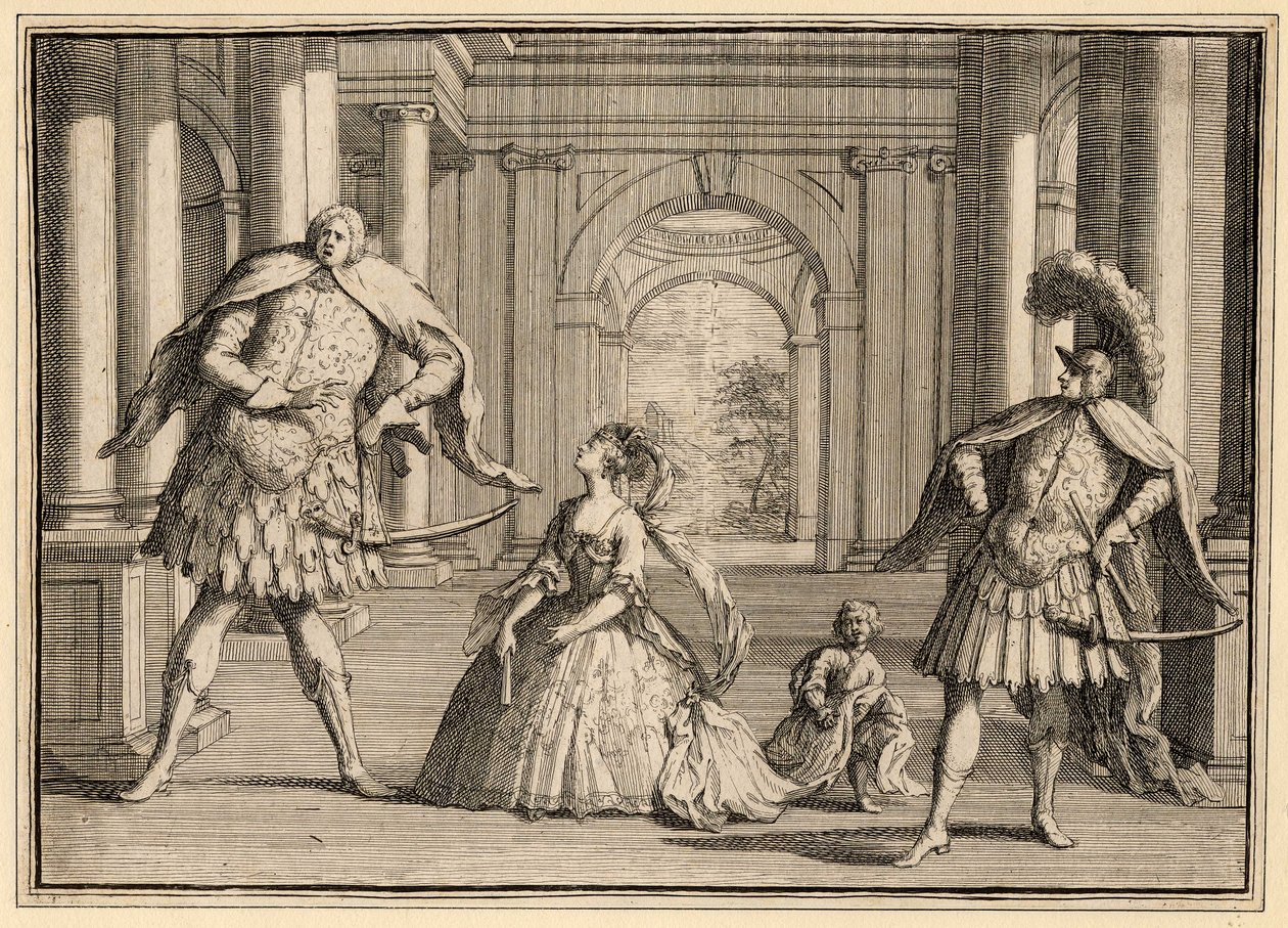 Karikatuur van een uitvoering van Händels Flavio, met Berenstadt uiterst rechts, de sopraan Francesca Cuzzoni in het midden en Senesino links door John Vanderbank