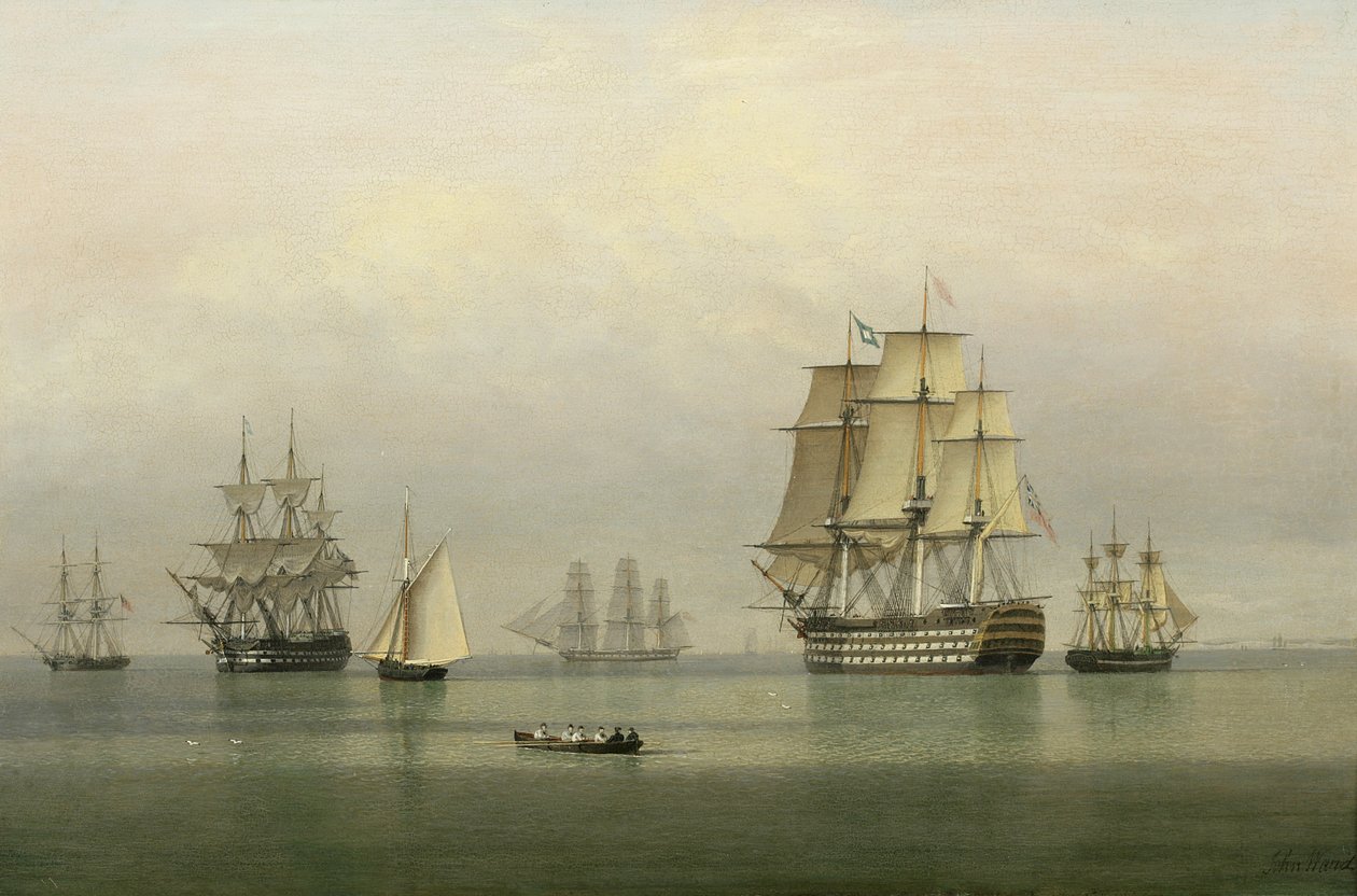 Oorlogsschepen op een kalme zee door John Ward of Hull