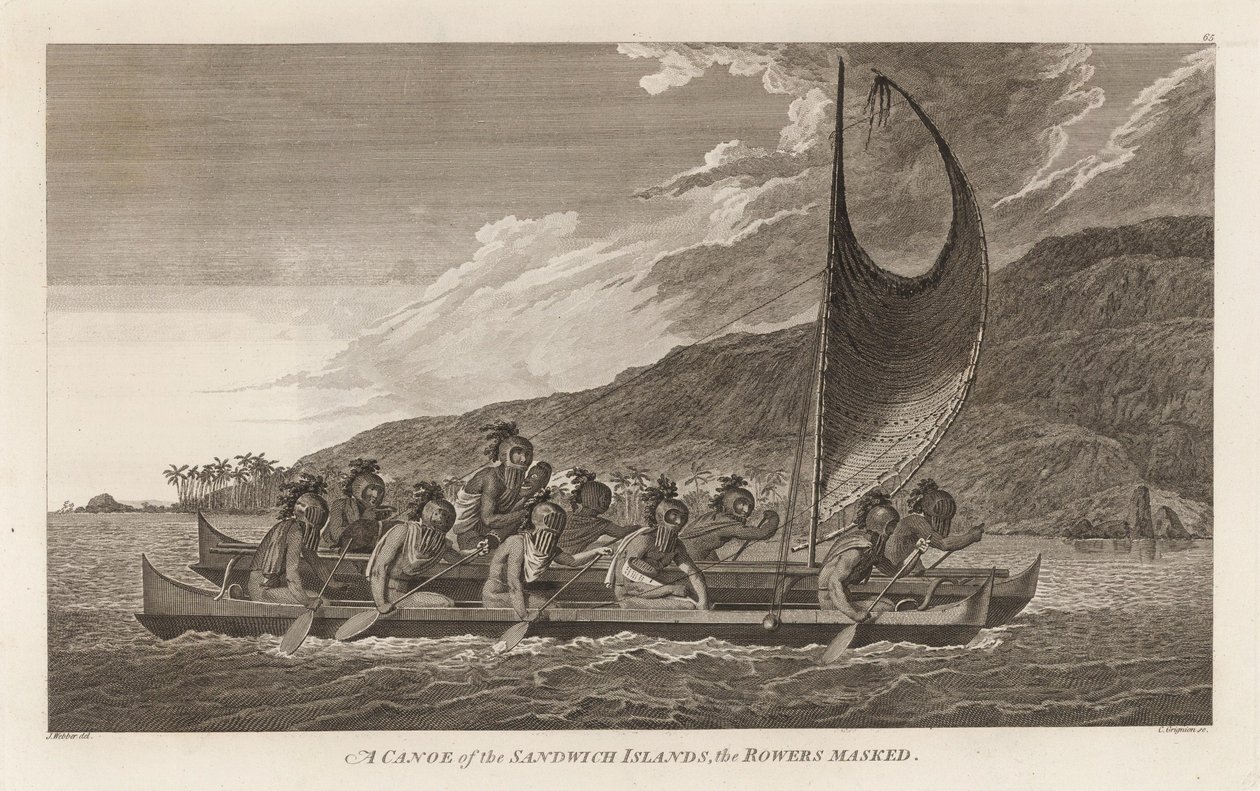 Priesters reizen over de baai van Kealakekua voor eerste contactrituelen door John Webber