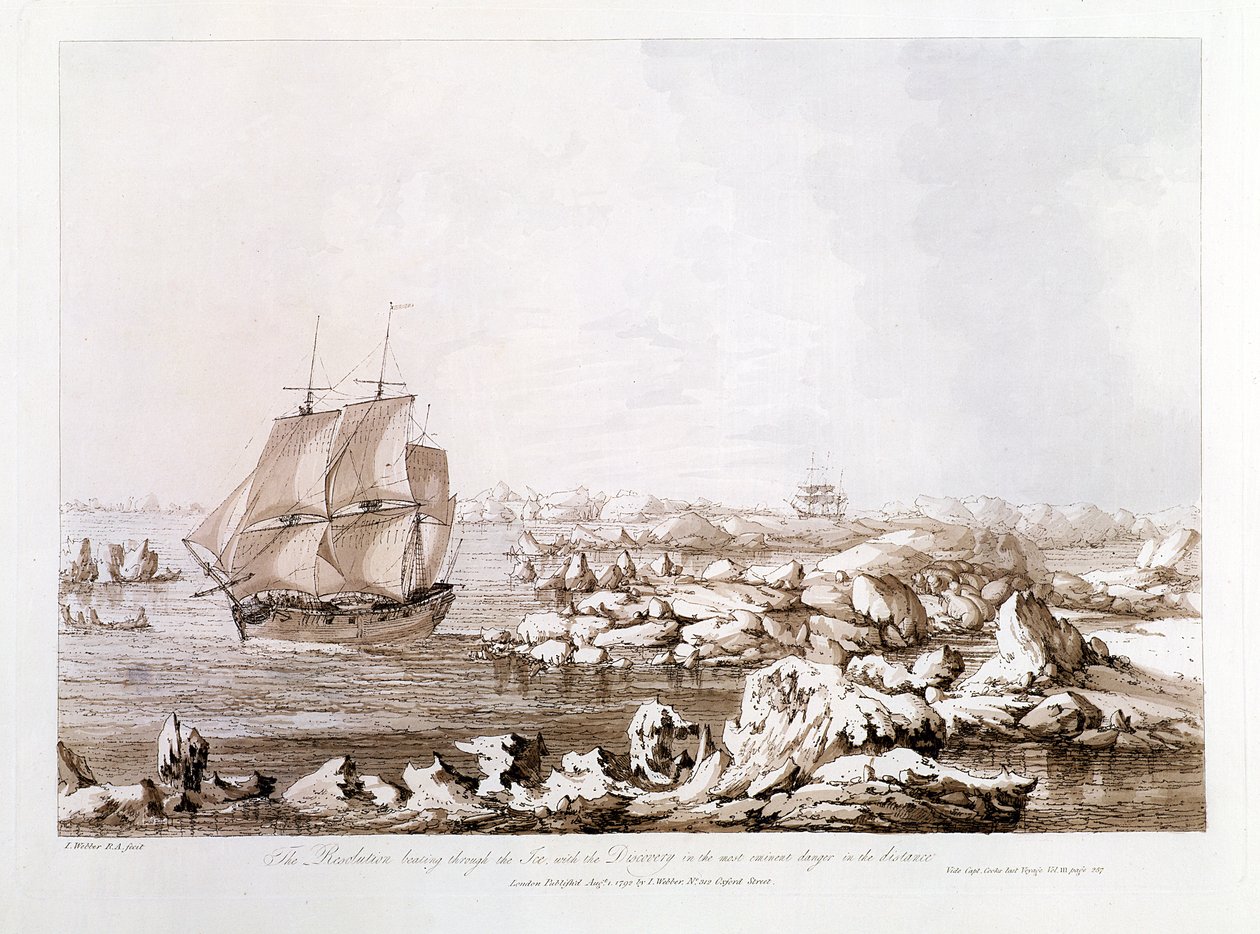 De Resolutie die door het ijs slaat met de Discovery in het grootste gevaar in de verte, uit 