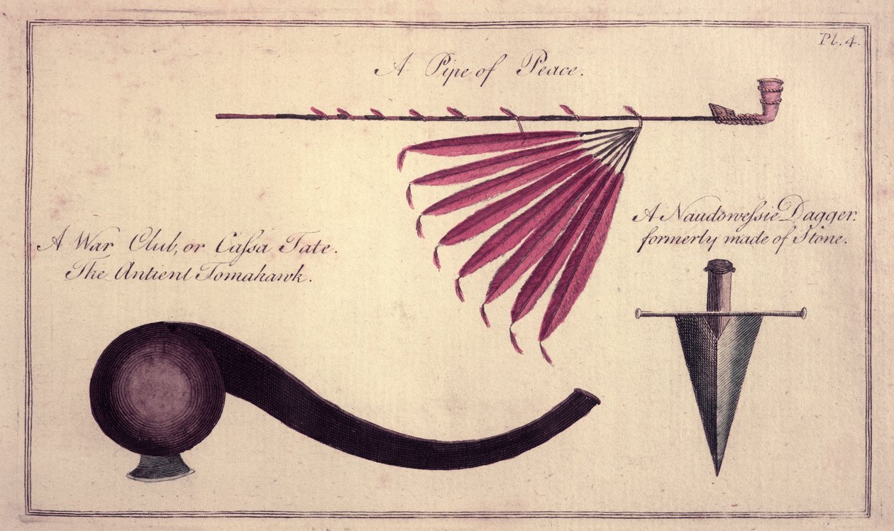 Oude tomahawk, vredespijp en dolk, c.1590 door John White