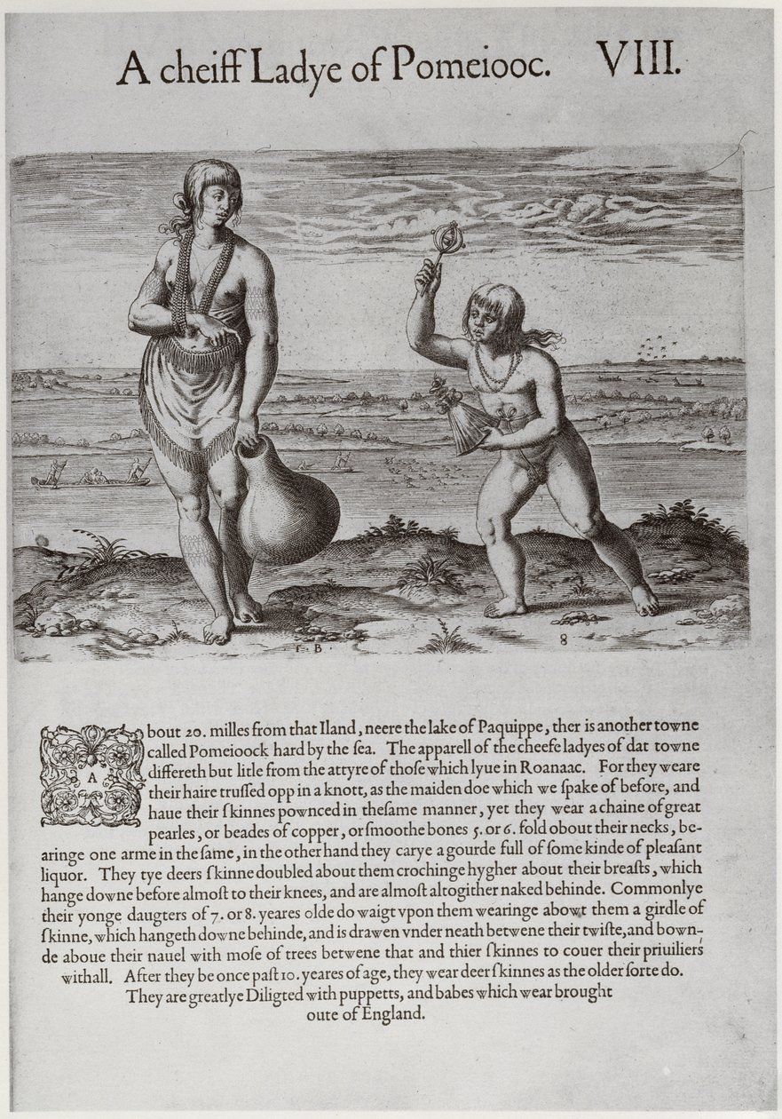 Indiaanse vrouw en jong meisje, gegraveerd door Theodor de Bry (1528-1598) door John White