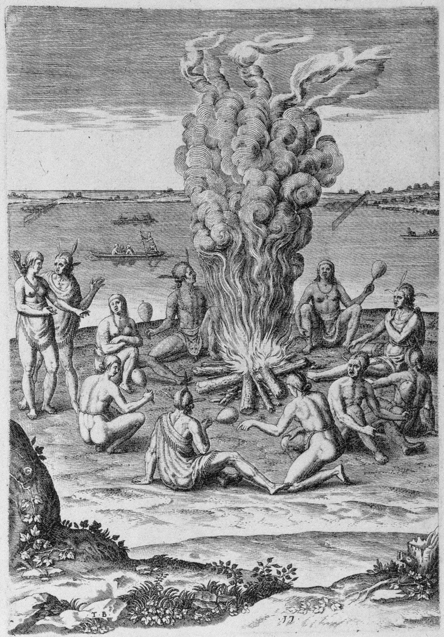 Indianen rond een vuur door John White