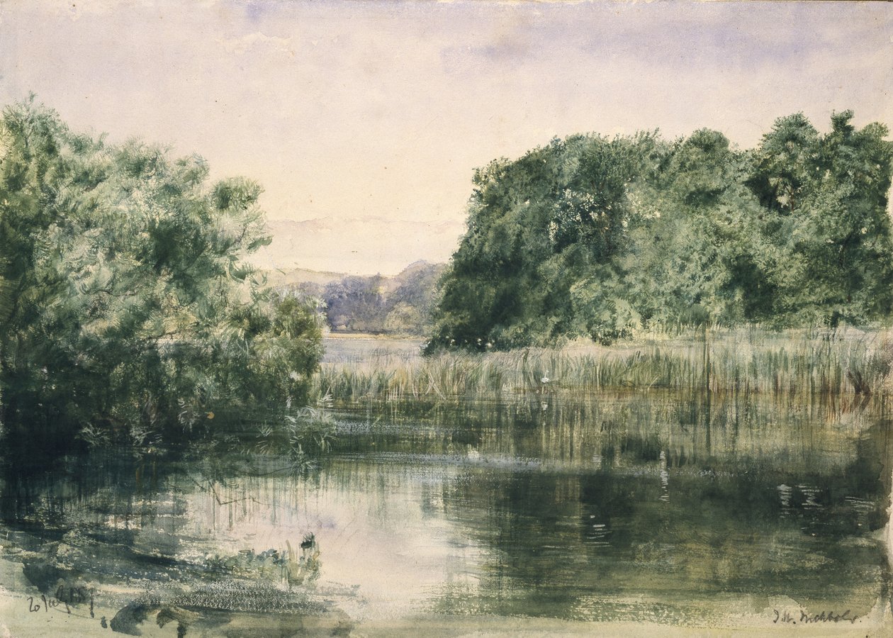 Uitzicht op een meer met bomen, 1857 door John William Inchbold