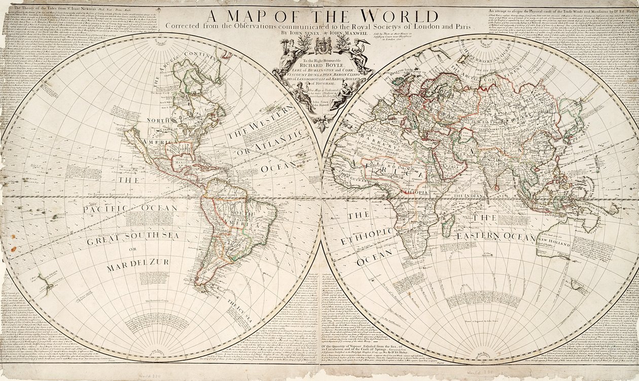 Een kaart van de wereld, gecorrigeerd naar de waarnemingen gecommuniceerd aan de Koninklijke Genootschappen van Londen en Parijs, aan de Zeer Eerwaarde Richard Boyle, 1711 door John Senex
