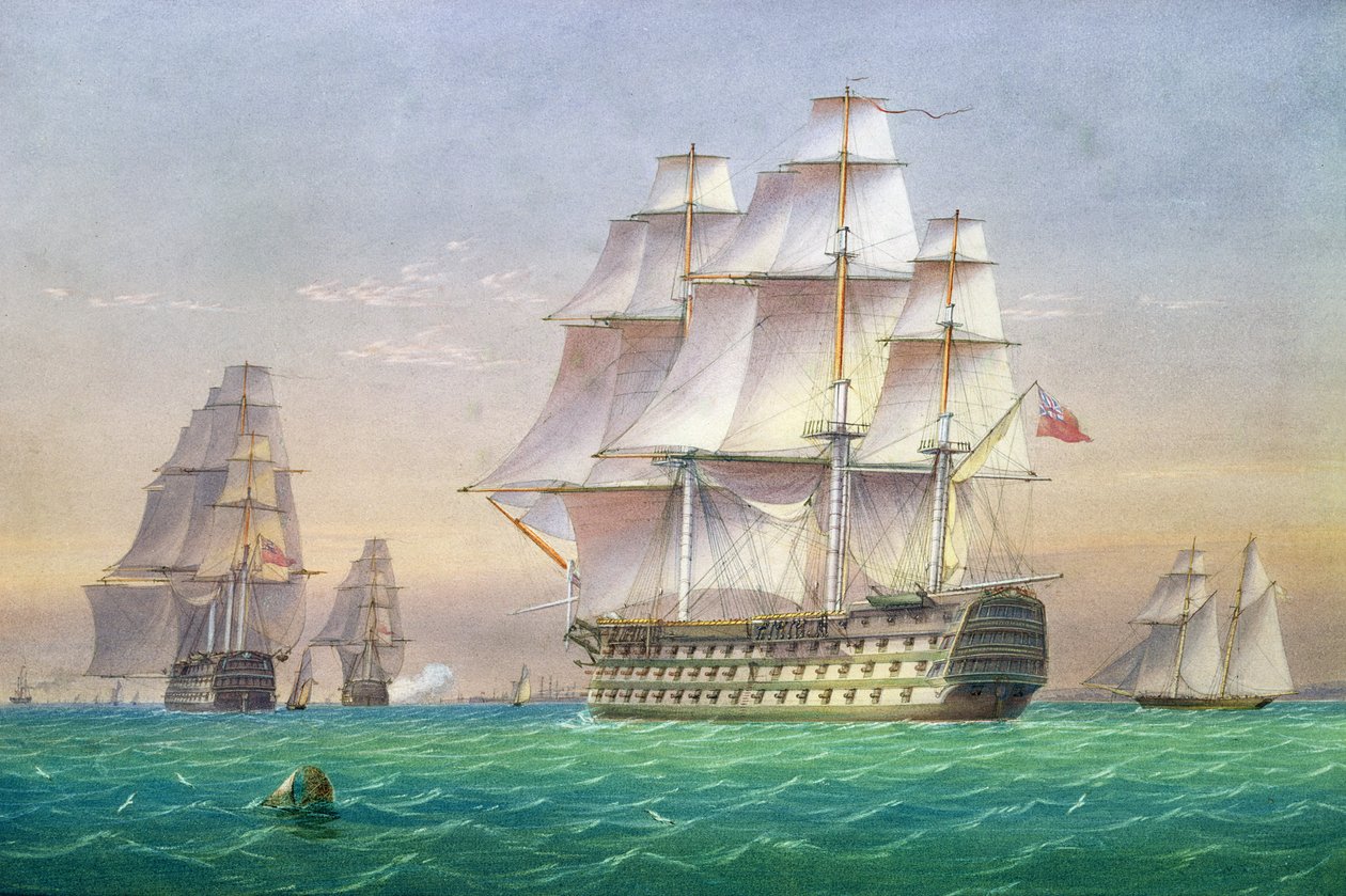 Drie eersteklas linieschepen die de haven van Portsmouth binnenvaren door John and William Joy