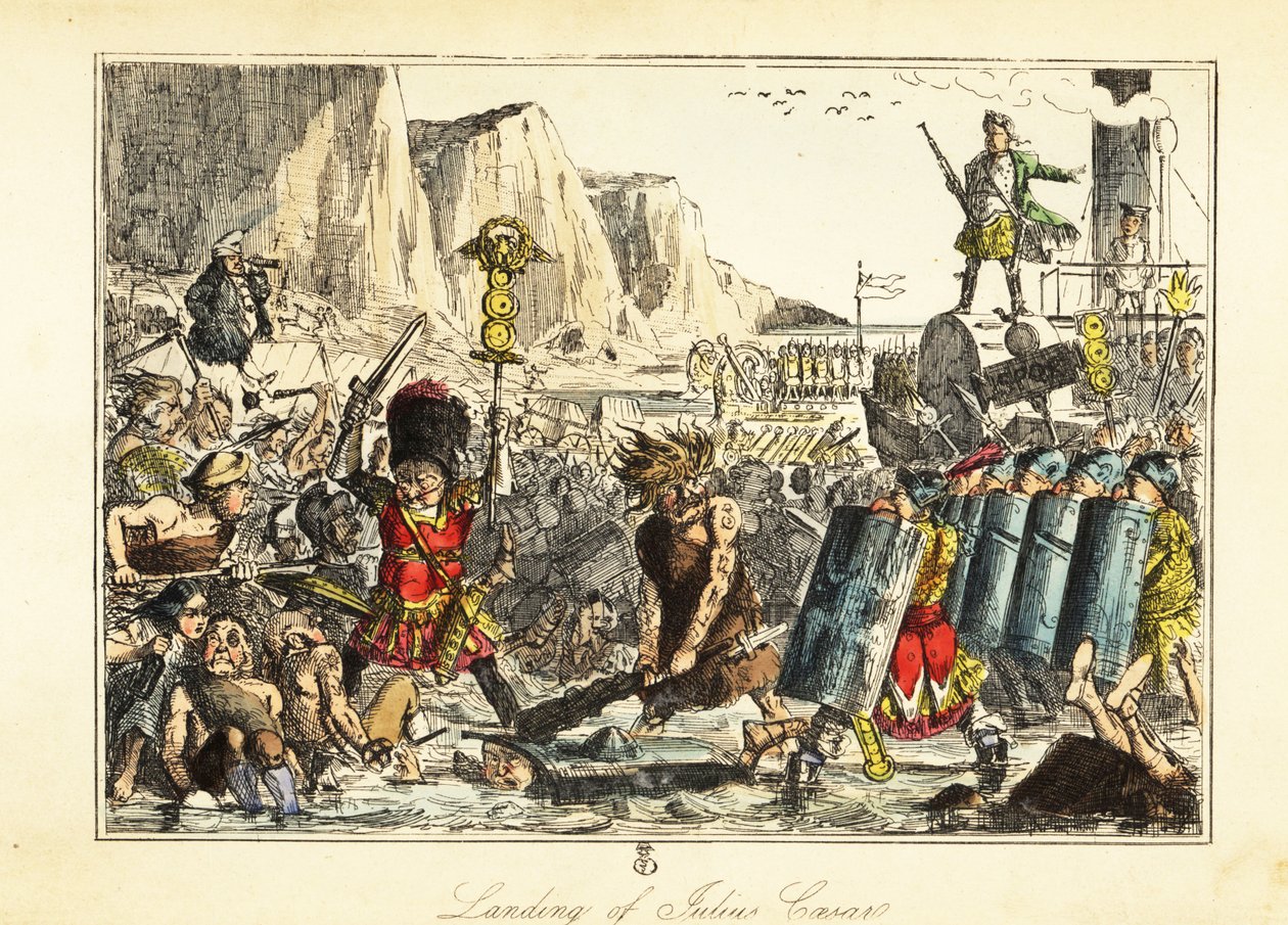 Een vaandeldrager van het 10e legioen in berenvel leidt Romeinse infanterie naar een strand bij Sandwich, 54 v.Chr. door John (after) Leech