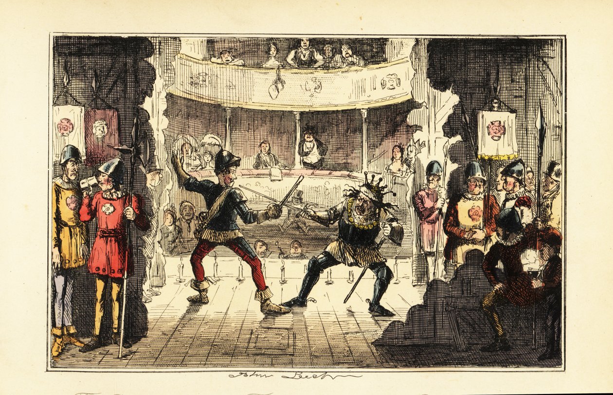 Acteurs die Hendrik Tudor spelen vechten tegen koning Richard III van Engeland op het toneel in een theater door John (after) Leech