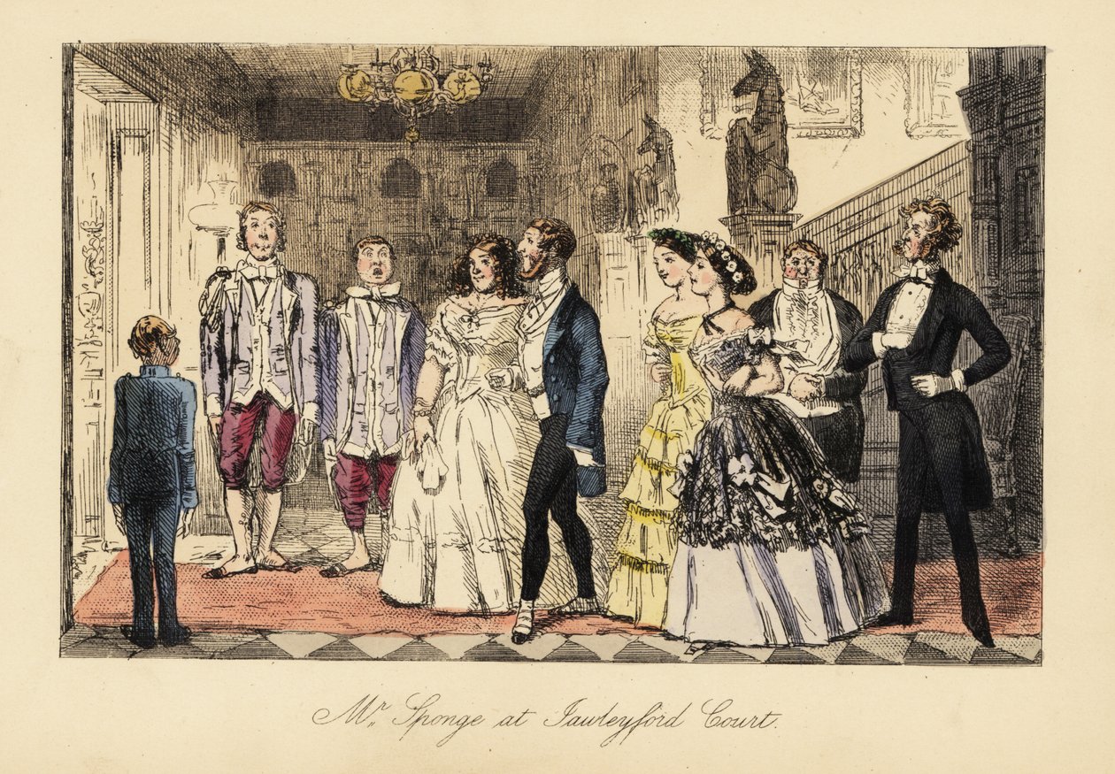 Engelse heren en dames aangekondigd voor het diner in een groot huis door John (after) Leech