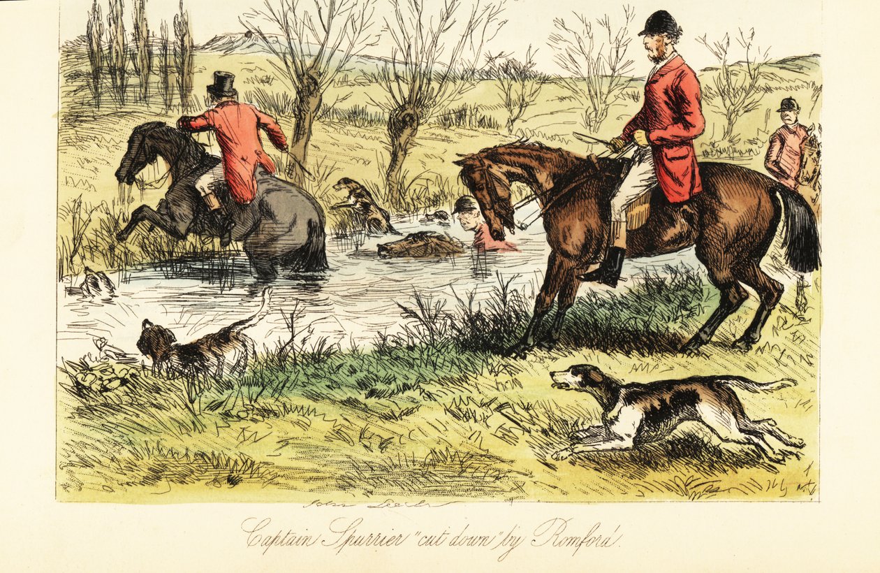 Engelse jager steekt een rivier over met vossenhonden door John (after) Leech