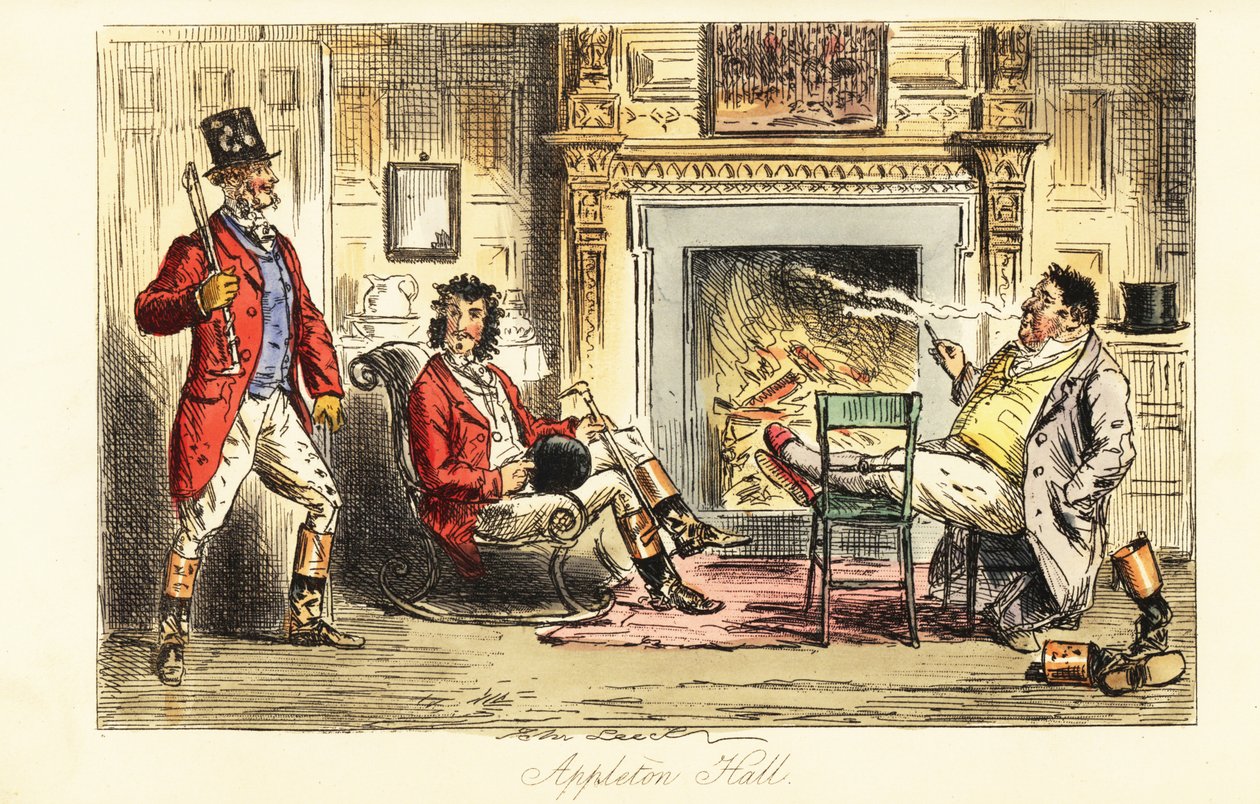 Vossenjagers ontspannen voor een vuur in een groot herenhuis na een jacht door John (after) Leech