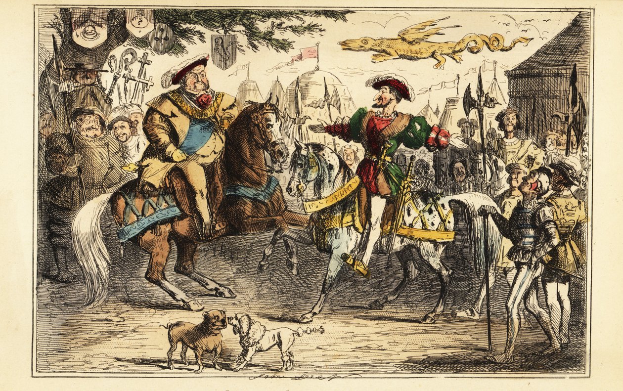 Hendrik VIII van Engeland ontmoet Frans I van Frankrijk te paard op het Veld van het Gouden Laken, 7 juni 1520 door John (after) Leech