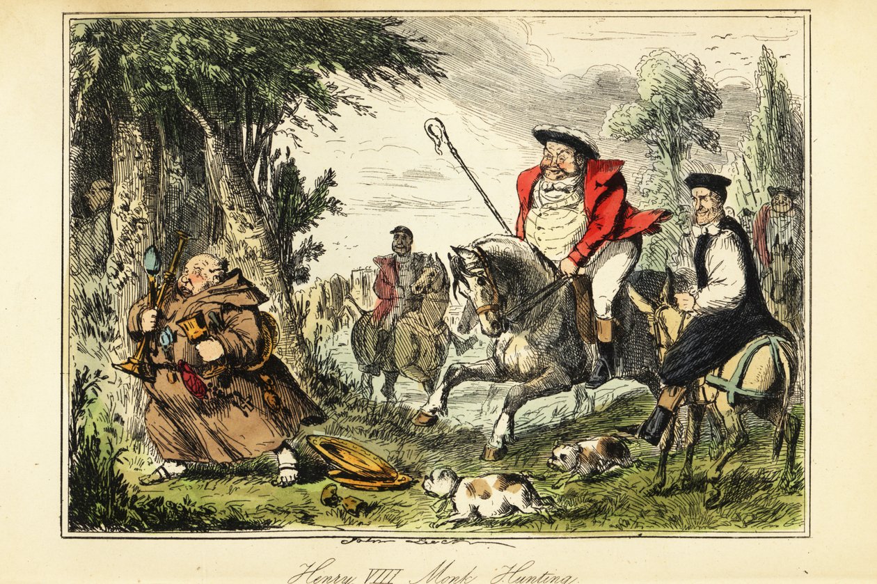 Koning Hendrik VIII in Victoriaanse jachtoutfit met een herdersstaf te paard achtervolgt een katholieke monnik die met het kerkelijke goud vlucht door John (after) Leech