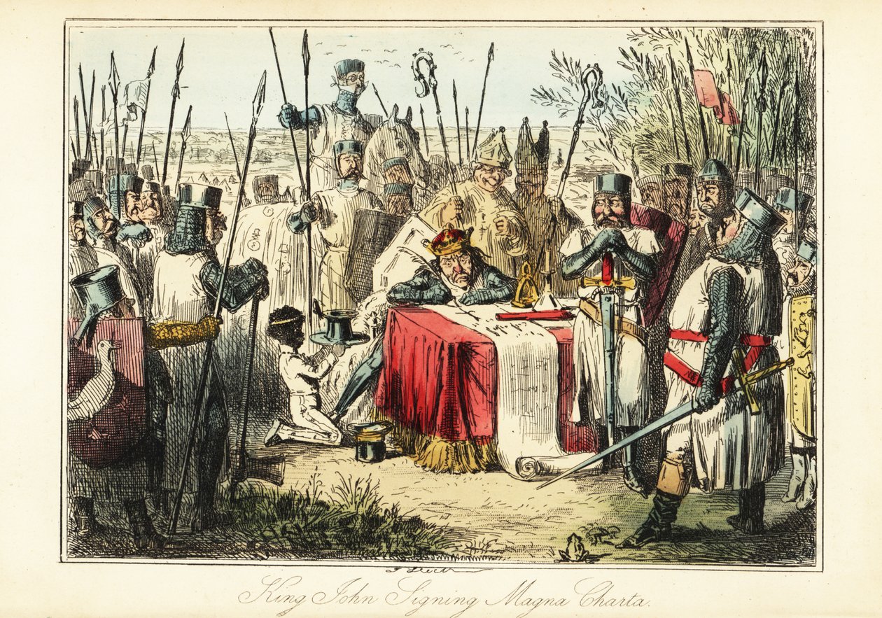 Koning Jan omringd door baronnen en bisschoppen die de Magna Carta ondertekenen in Runnymede door John (after) Leech