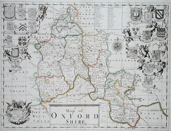 Kaart van Oxfordshire, gegraveerd en handgekleurd door John Oliver en Richard Palmer, gepubliceerd door Philip Lea, c.1690 door John (after) Sellar