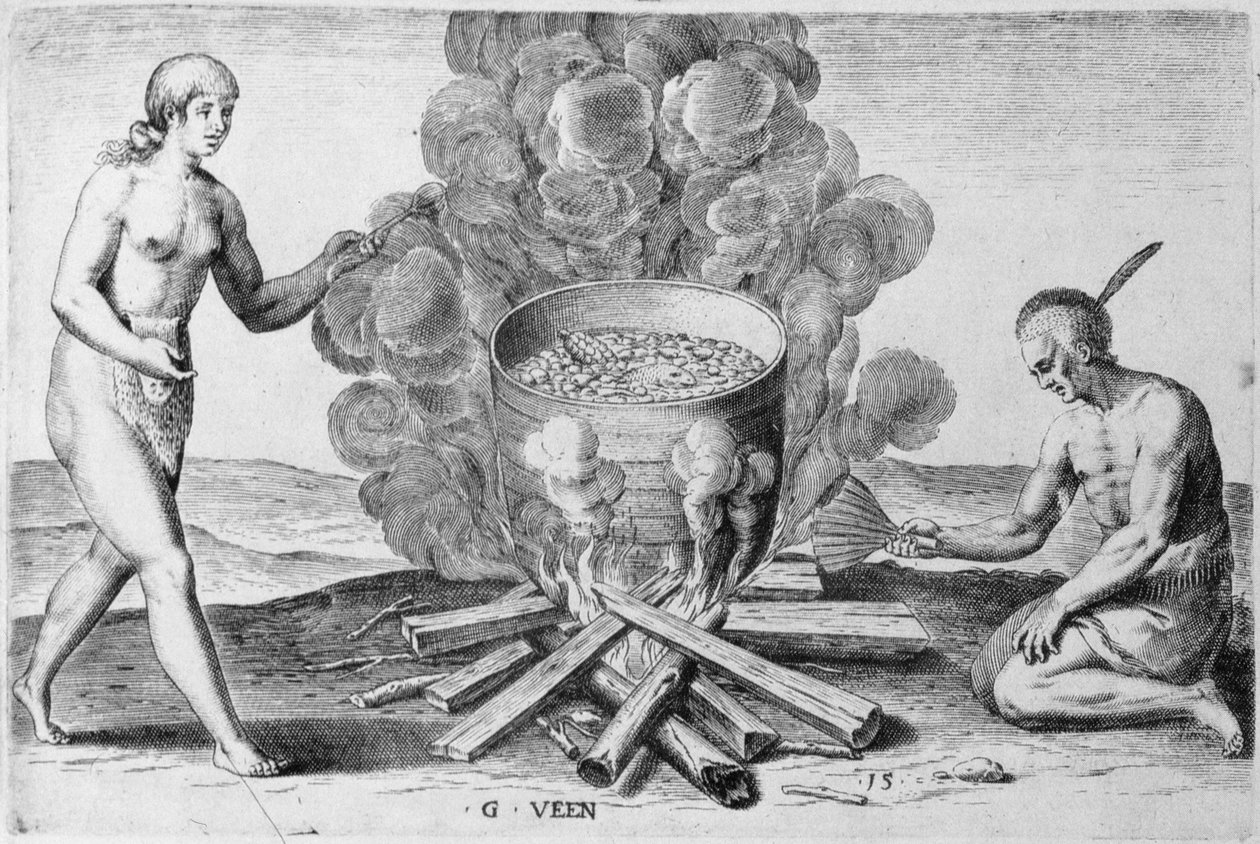 Koken in een pot, gravure door Gysbert van Veen (1562-1628) door John (after) White